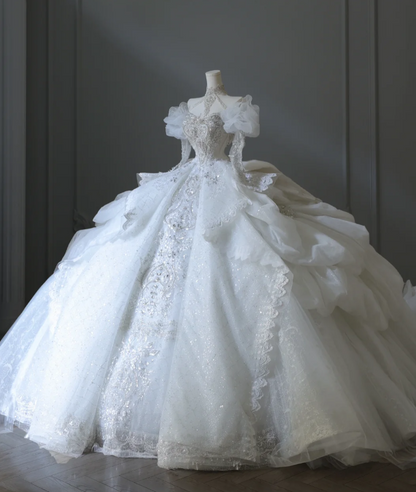 Französisches Hof Retro weißes, langärmeliges, perlenverziertes Luxus-Brautkleid in Bodenlänge P2562