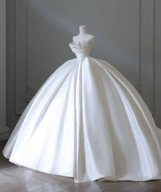Minimalist Strapless Satin Elegant Floor-Length Wedding Dress P2577