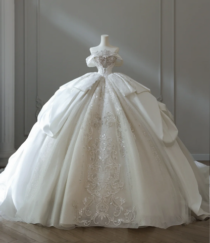 Französisches Hof Retro Luxus Tube Top glänzendes Tüll bodenlanges Hochzeitskleid P2578