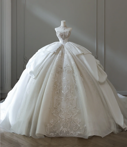 Französisches Hof Retro Luxus Tube Top glänzendes Tüll bodenlanges Hochzeitskleid P2578