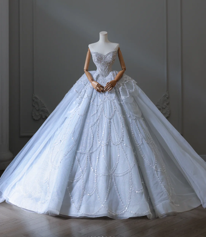 blue a line wedding dress ZARIA / A Line Sparkling Navy Blue Wedding Dress with Deep Plunge Neck