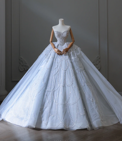 Blue fantasy off-shoulder sparkling beaded tulle A-line wedding dress P2580 - AS PHOTO / US2 Blue fantasy off-shoulder sparkling beaded tulle A-line wedding dress P2580 - AS PHOTO / US2