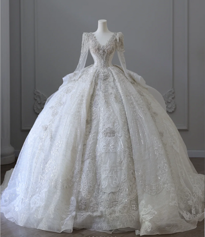 Luxuriöses, perlenbesetztes, langärmeliges, funkelndes Retro-Brautkleid im Palaststil, bodenlang P2581