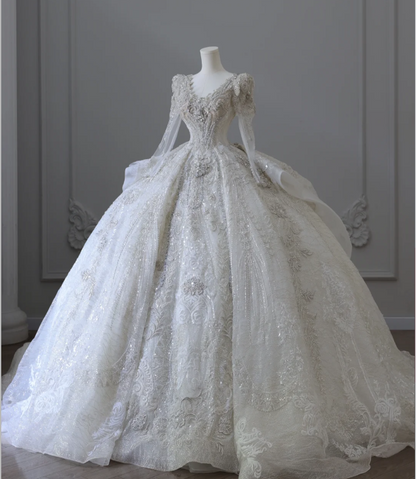 Luxuriöses, perlenbesetztes, langärmeliges, funkelndes Retro-Brautkleid im Palaststil, bodenlang P2581