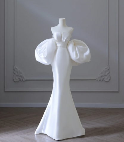 Robe de mariée sirène simple en satin chic à manches bouffantes P2582