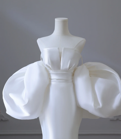 Robe de mariée sirène simple en satin chic à manches bouffantes P2582