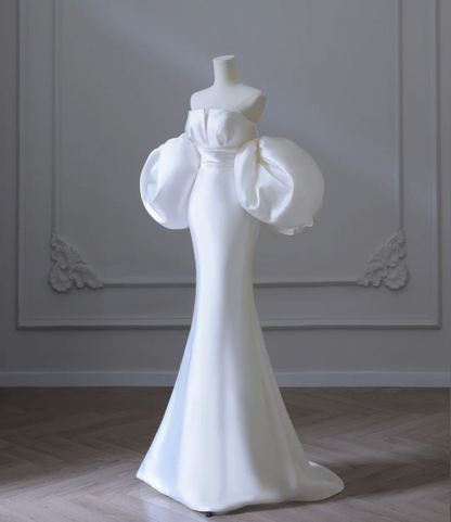 Robe de mariée sirène simple en satin chic à manches bouffantes P2582