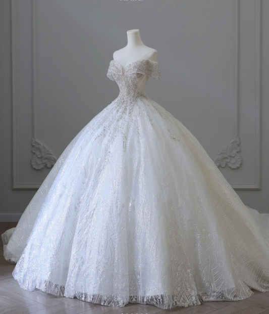 Shiny Rhinestone One-Shoulder A-Line Floor-Length Tulle Wedding Dress P2583