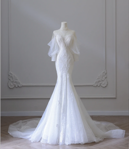 Elegantes Meerjungfrau Spitzenperlen Tüll Brautkleid P2584