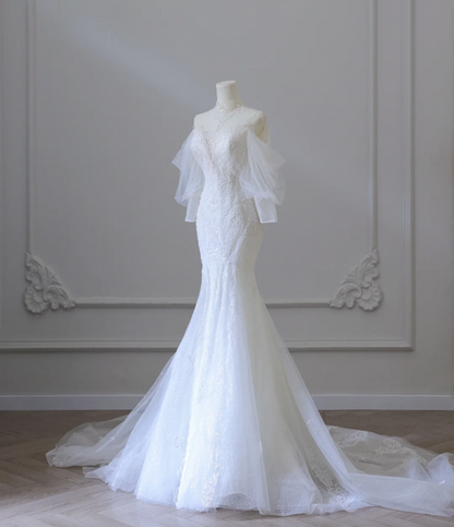 Elegantes Meerjungfrau Spitzenperlen Tüll Brautkleid P2584