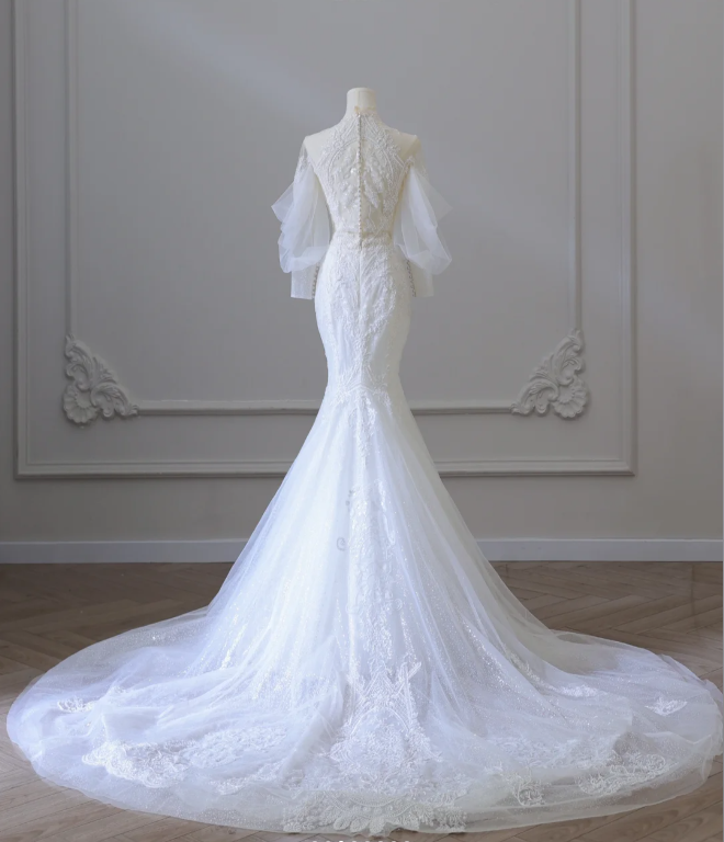 Elegant Mermaid Lace Beaded Tulle Wedding Dress P2584 – PreppyDress