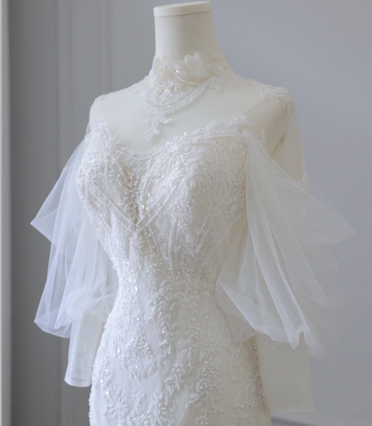 Elegantes Meerjungfrau Spitzenperlen Tüll Brautkleid P2584