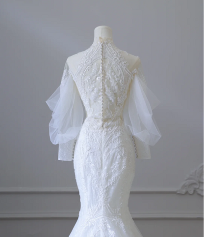 Elegantes Meerjungfrau Spitzenperlen Tüll Brautkleid P2584