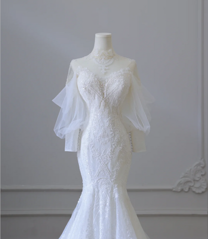 Elegantes Meerjungfrau Spitzenperlen Tüll Brautkleid P2584