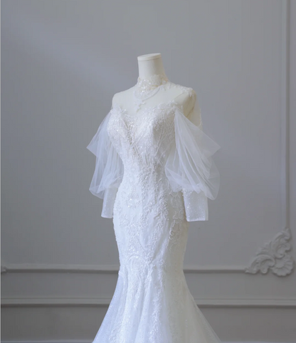 Elegantes Meerjungfrau Spitzenperlen Tüll Brautkleid P2584
