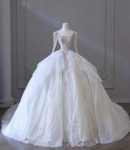 Elegantes, glitzerndes, quadratischer Ausschnitt, lange Ärmel, Tüll, bodenlang Hochzeitskleid P2587