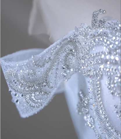 Robe de mariée longue en tulle, bleu rêveur, à épaules dénudées, à paillettes brillantes et strass P2588