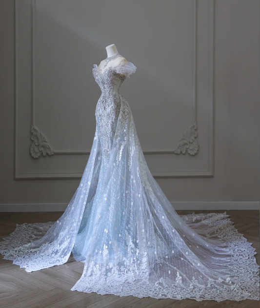 Shiny Blue Mermaid Rhinestone Lace Tulle Wedding Dress with Train P2589