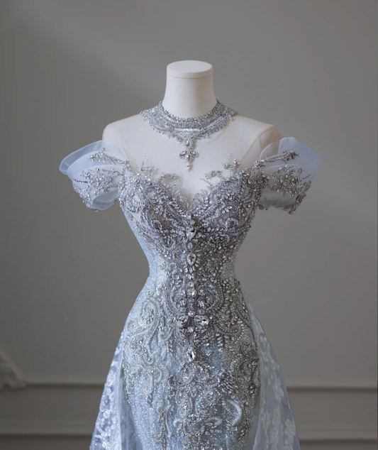 Shiny Blue Mermaid Rhinestone Lace Tulle Wedding Dress with Train P2589