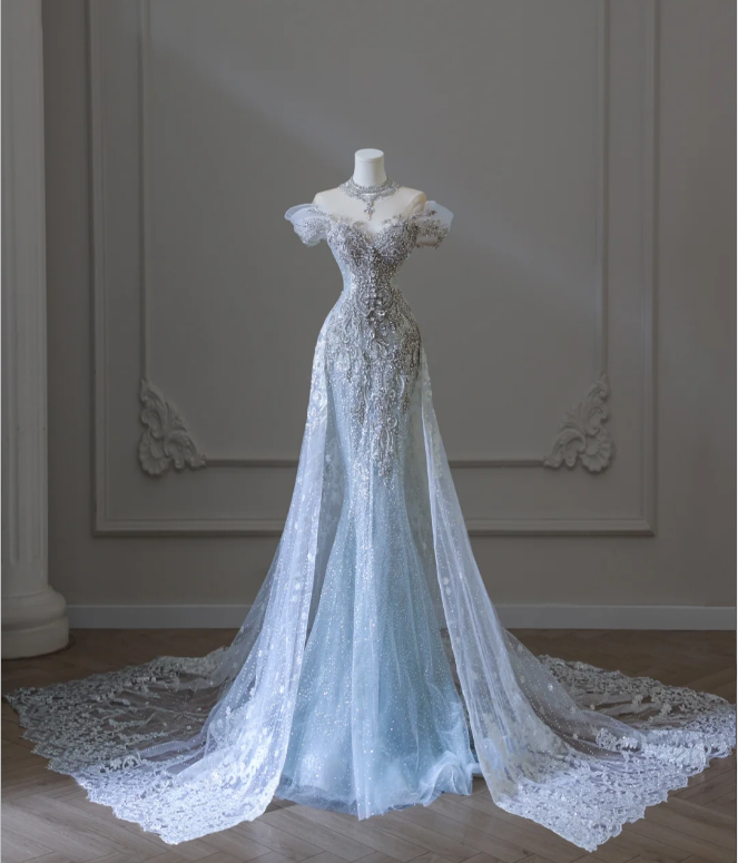 Shiny Blue Mermaid Rhinestone Lace Tulle Wedding Dress with Train P258 PreppyDress Shiny Blue Mermaid Rhinestone Lace Tulle Wedding Dress with Train P258 PreppyDress