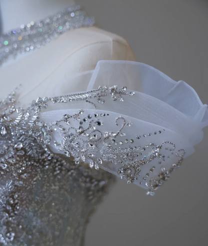 Glänzendes blaues Meerjungfrau-Hochzeitskleid aus Tüll mit Strass-Spitze und Schleppe P2589