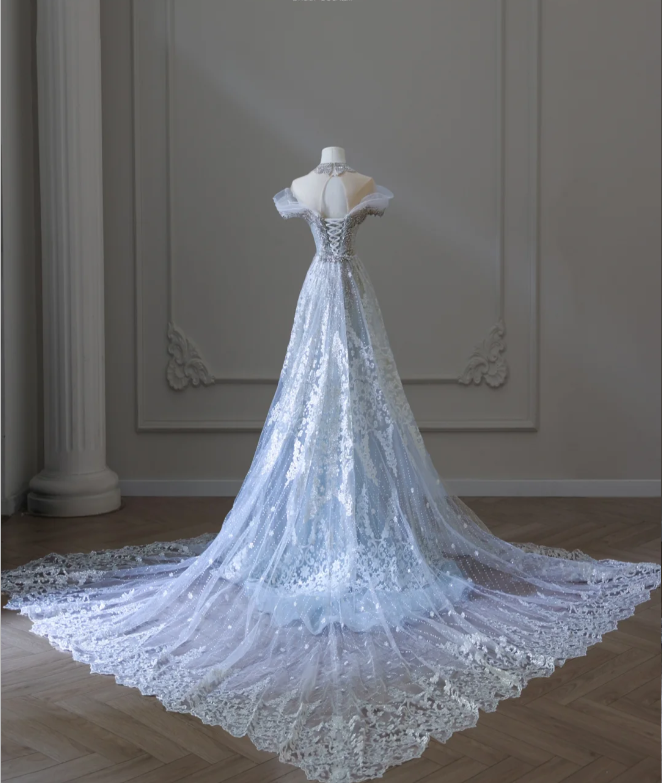 Shiny Blue Mermaid Rhinestone Lace Tulle Wedding Dress with Train P258 – PreppyDress