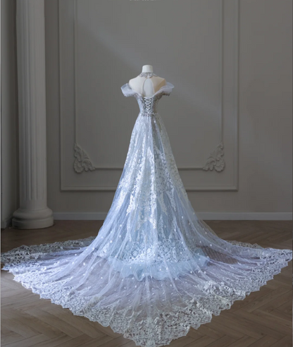 Shiny Blue Mermaid Rhinestone Lace Tulle Wedding Dress with Train P258 – PreppyDress