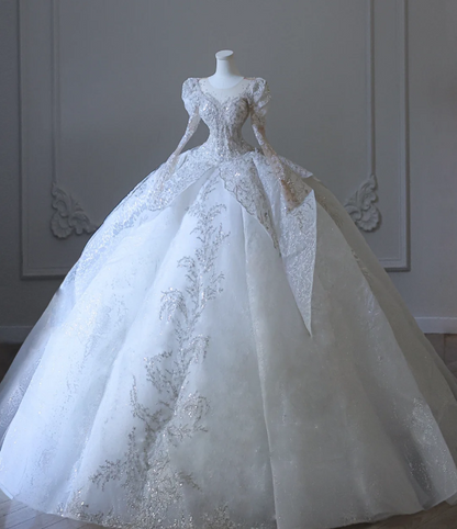 Französisches Palast-Luxus-Hochzeitskleid mit weißen, langen Ärmeln, Pailletten und Tüll, bodenlang P2591