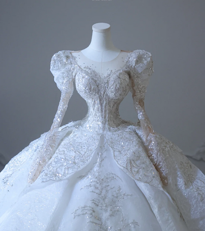 Französisches Palast-Luxus-Hochzeitskleid mit weißen, langen Ärmeln, Pailletten und Tüll, bodenlang P2591
