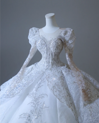 Französisches Palast-Luxus-Hochzeitskleid mit weißen, langen Ärmeln, Pailletten und Tüll, bodenlang P2591