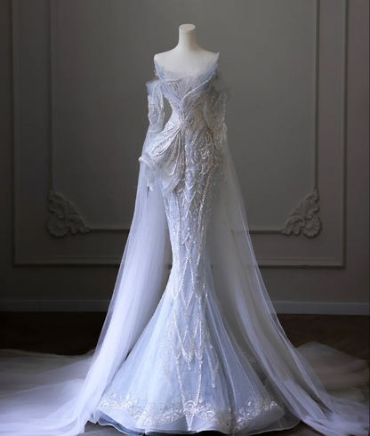 Robe de mariée sirène en tulle bleu luxe à sequins et perles avec traîne P2592