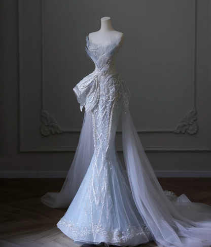 Robe de mariée sirène en tulle bleu luxe à sequins et perles avec traîne P2592