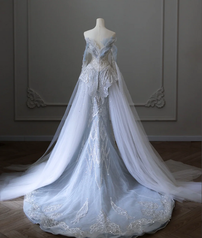 Blue Luxury Sequin Beaded Mermaid Tulle Wedding Dress with Train P2592 PreppyDress Blue Luxury Sequin Beaded Mermaid Tulle Wedding Dress with Train P2592 PreppyDress