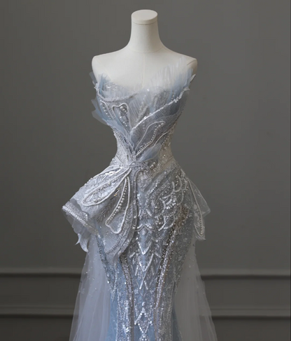 Robe de mariée sirène en tulle bleu luxe à sequins et perles avec traîne P2592