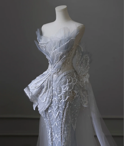 Robe de mariée sirène en tulle bleu luxe à sequins et perles avec traîne P2592