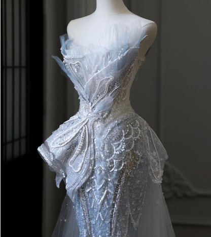 Robe de mariée sirène en tulle bleu luxe à sequins et perles avec traîne P2592