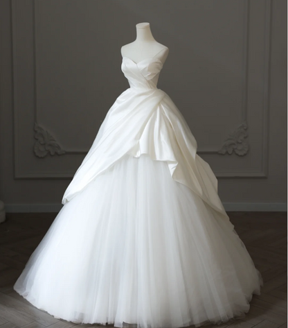 Simple and elegant white sweetheart neckline satin tulle A-line floor- PreppyDress Simple and elegant white sweetheart neckline satin tulle A-line floor- PreppyDress