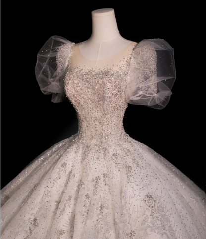 Round Neck Short Sleeve Tulle A-Line Wedding Dress with Glittering Sta   PreppyDress