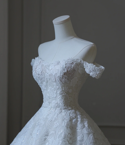 Vintage schulterfreies A-Linien Brautkleid in Bodenlänge mit Spitze P2608