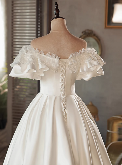 open lace back dress Vintage White Satin Puff Sleeve Bowknot One Shoulder Mid-Length Weddin
