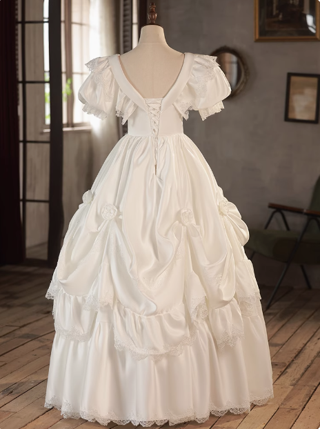 Vintage White V-Neck Short Sleeve A-Line Wedding Dress P2617