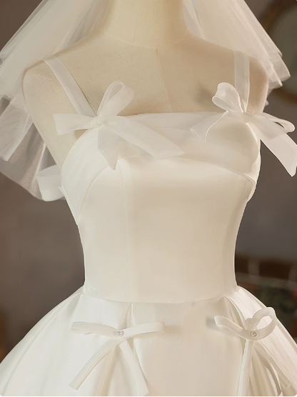 Weißes rückenfreies A-Linien-Hochzeitskleid P2618 aus Satin mit Spaghettiträgern und Schleife zum Binden