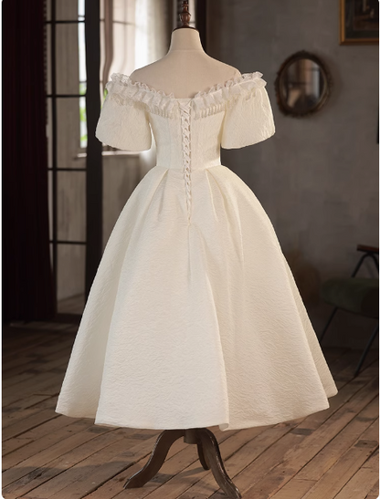 Vintage One Shoulder Lace Trim Short Sleeve A-Line Back Tie Wedding Dr PreppyDress Vintage One Shoulder Lace Trim Short Sleeve A-Line Back Tie Wedding Dr PreppyDress