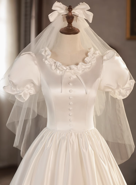Princess Round Neck Puff Sleeves Satin Short A-Line Wedding Dress P2622