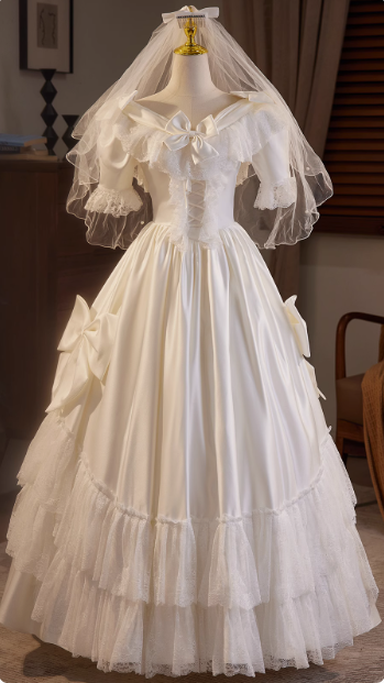 Französisches Retro-Brautkleid P2623 aus Satin mit kurzen Ärmeln und Schleife