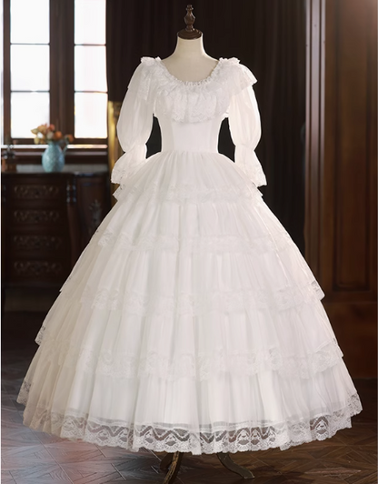 Vintage Spitze Rundhals Prinzessin Langarm A-Linie Hochzeitskleid P2625