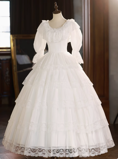 Vintage Spitze Rundhals Prinzessin Langarm A-Linie Hochzeitskleid P2625