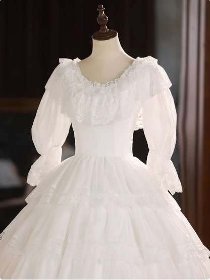 Vintage Spitze Rundhals Prinzessin Langarm A-Linie Hochzeitskleid P2625