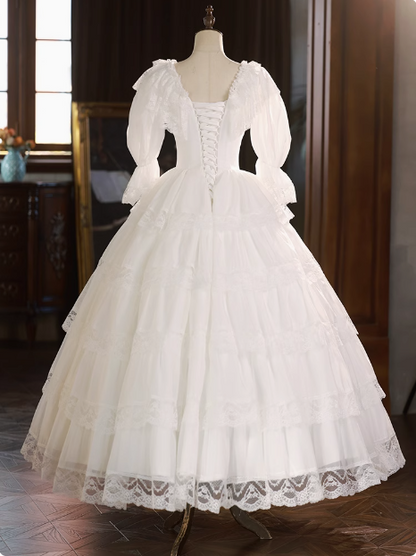 Vintage Spitze Rundhals Prinzessin Langarm A-Linie Hochzeitskleid P2625