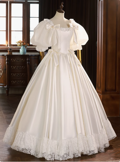 Französische Prinzessin Puffärmel Satin Spitze Tutu Hochzeitskleid P2626